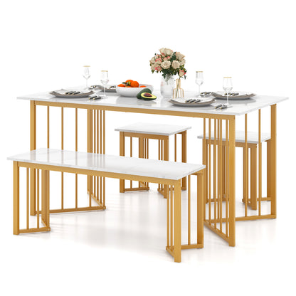 Modern 4 Piece Dining Set with Bench and 2 Stools White Marble Finish