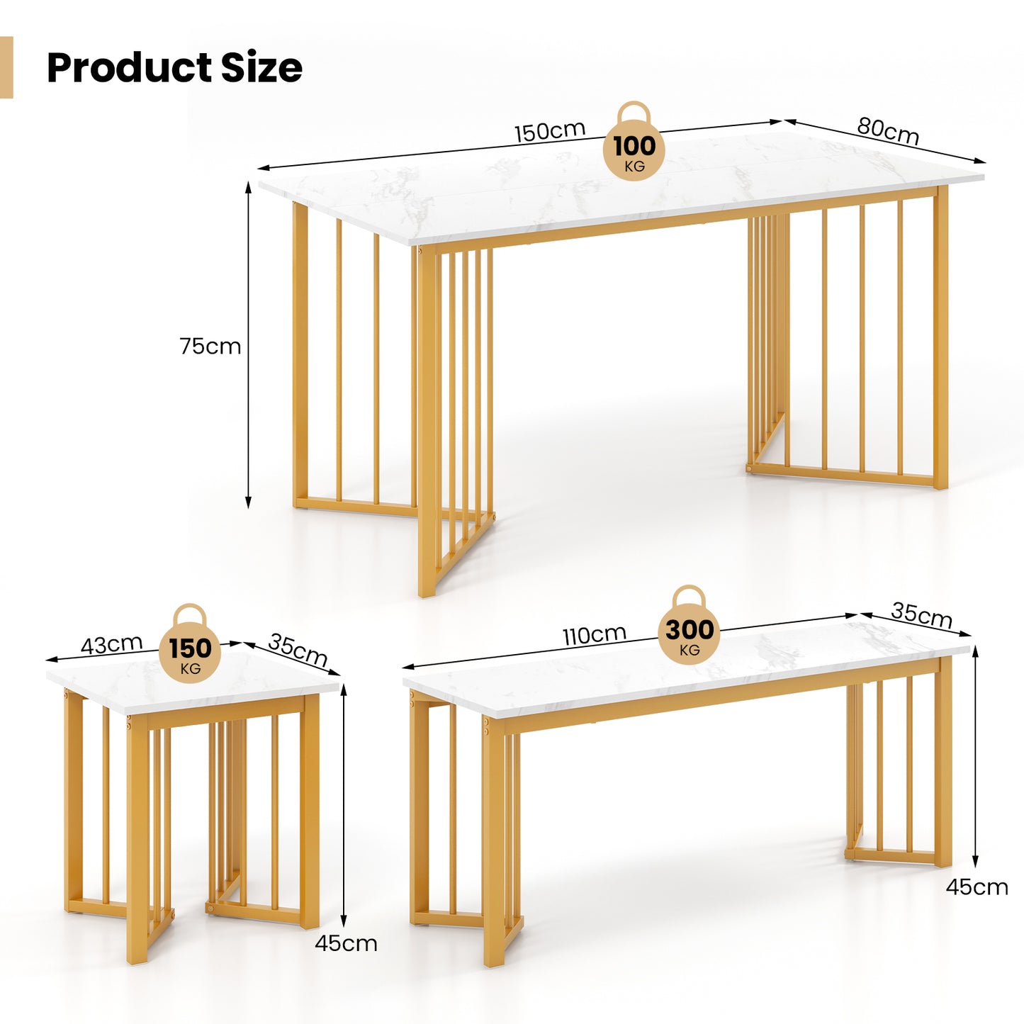 Modern 4 Piece Dining Set with Bench and 2 Stools White Marble Finish
