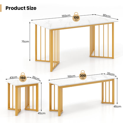 Modern 4 Piece Dining Set with Bench and 2 Stools White Marble Finish