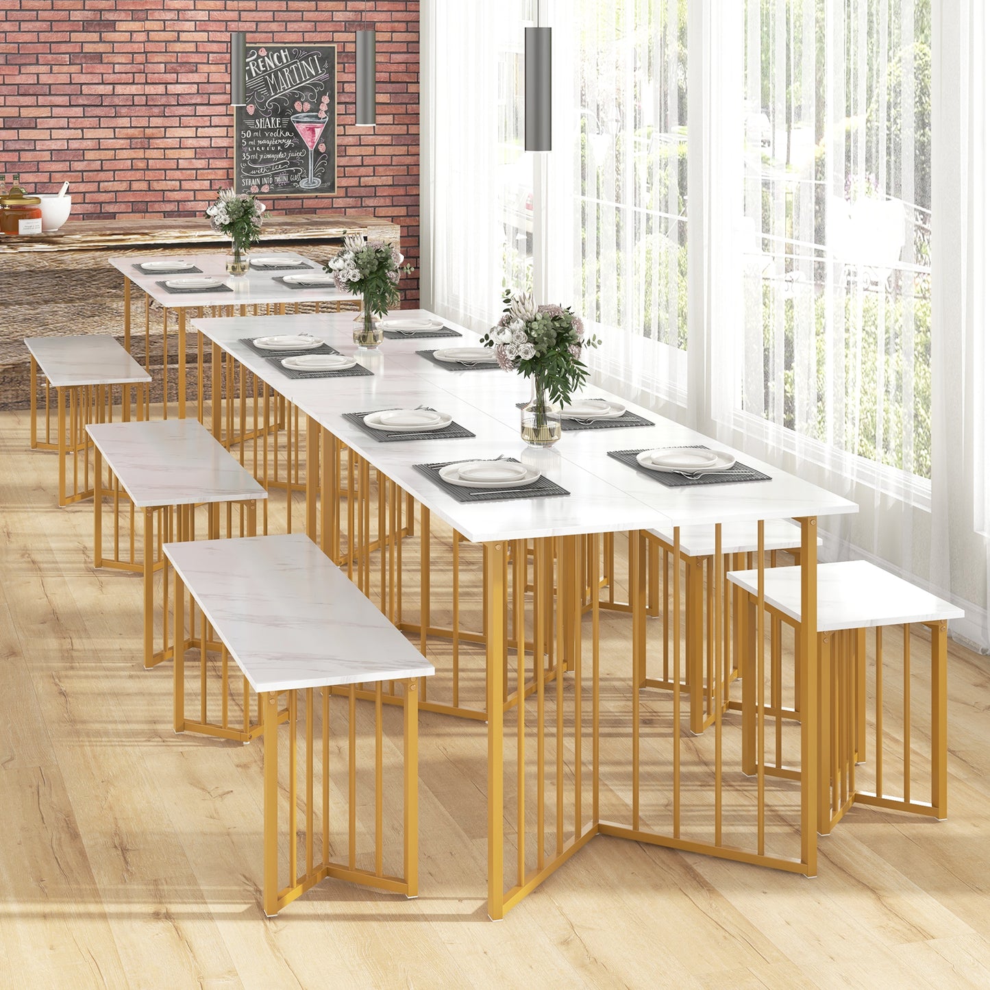 Modern 4 Piece Dining Set with Bench and 2 Stools White Marble Finish