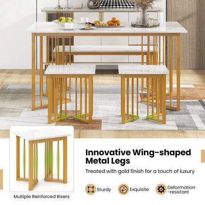 Modern 4 Piece Dining Set with Bench and 2 Stools White Marble Finish