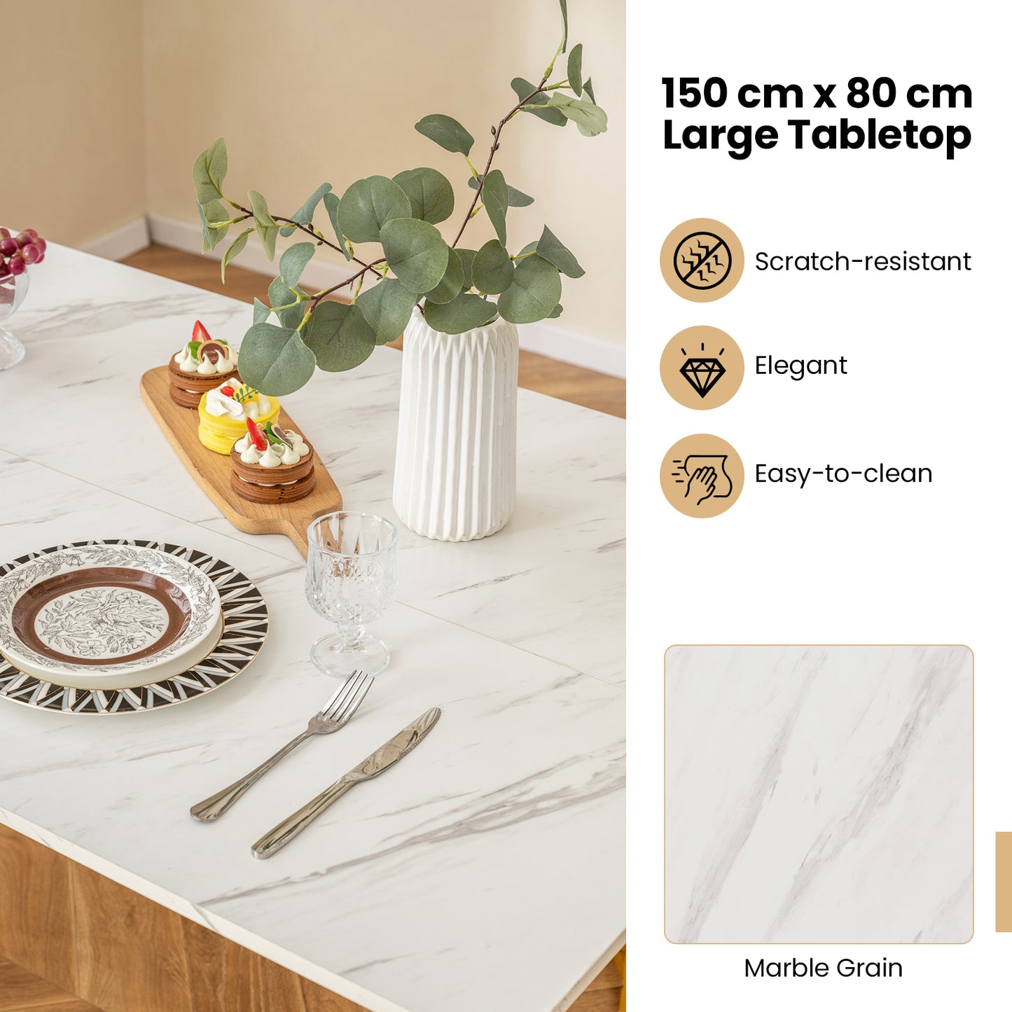 Modern 4 Piece Dining Set with Bench and 2 Stools White Marble Finish