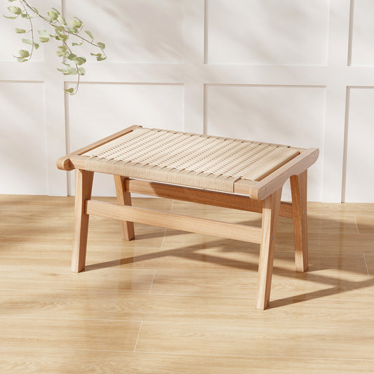 Braided Rope Teak Wood Ottoman Footstool for Living Room Accent Seating