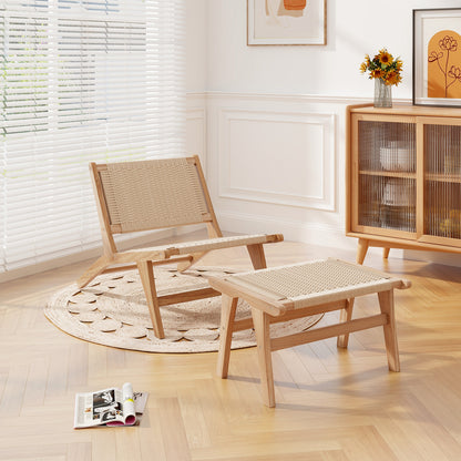 Braided Rope Teak Wood Ottoman Footstool for Living Room Accent Seating