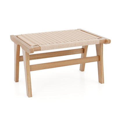 Braided Rope Teak Wood Ottoman Footstool for Living Room Accent Seating