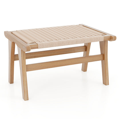 Braided Rope Teak Wood Ottoman Footstool for Living Room Accent Seating