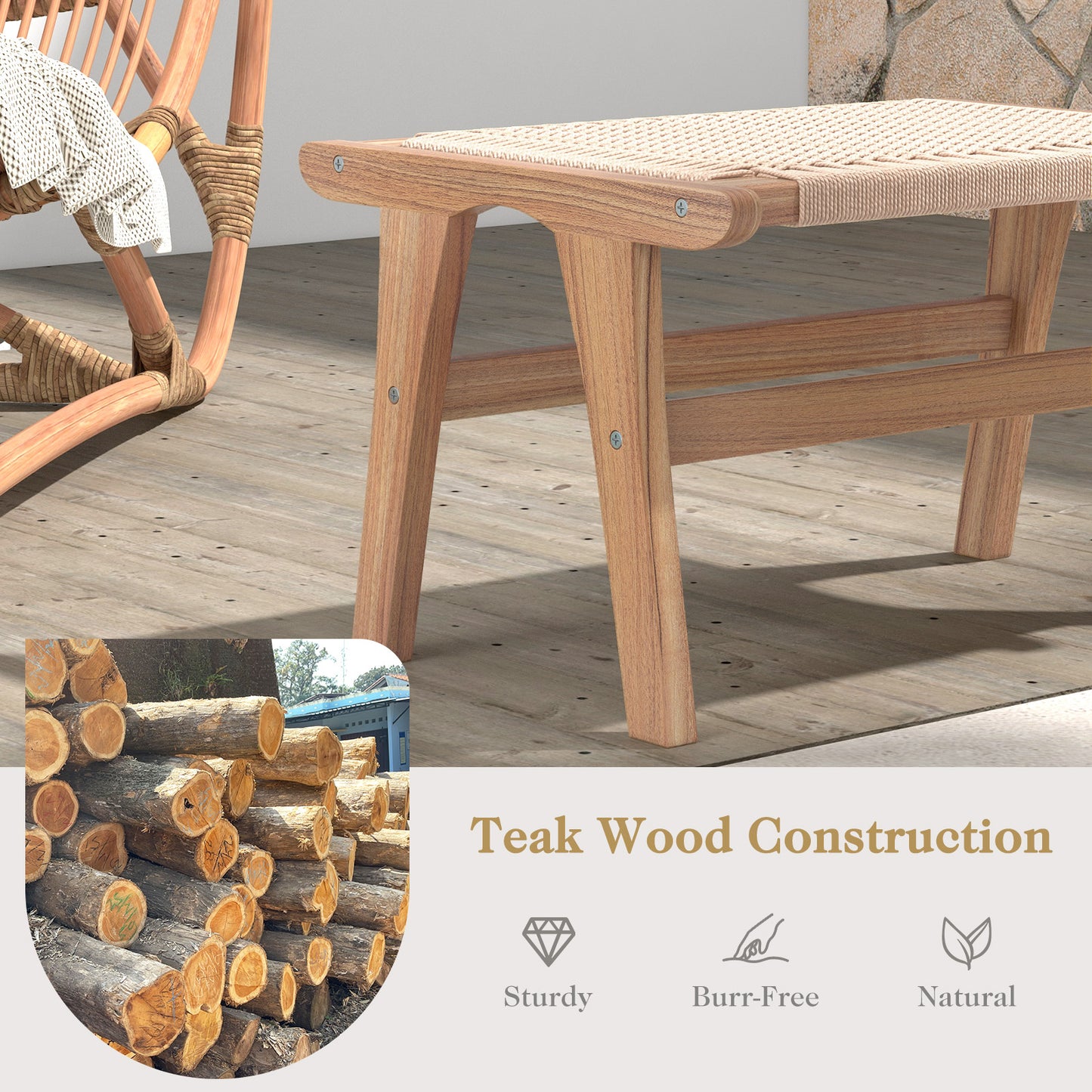 Braided Rope Teak Wood Ottoman Footstool for Living Room Accent Seating