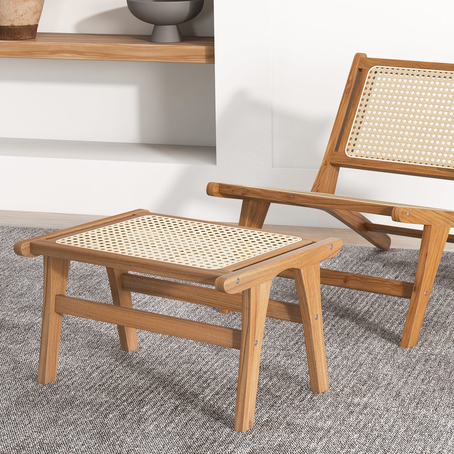 Handwoven Rattan Ottoman Footstool in Natural Teak Wood for Indoor Seating