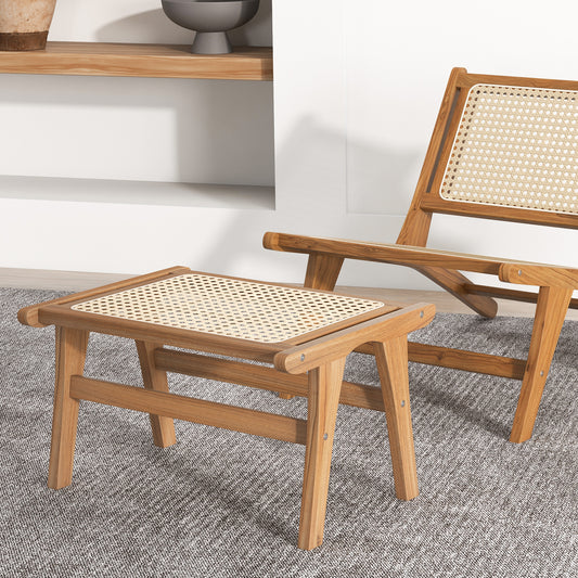 Handwoven Rattan Ottoman Footstool in Natural Teak Wood for Indoor Seating