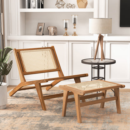 Handwoven Rattan Ottoman Footstool in Natural Teak Wood for Indoor Seating