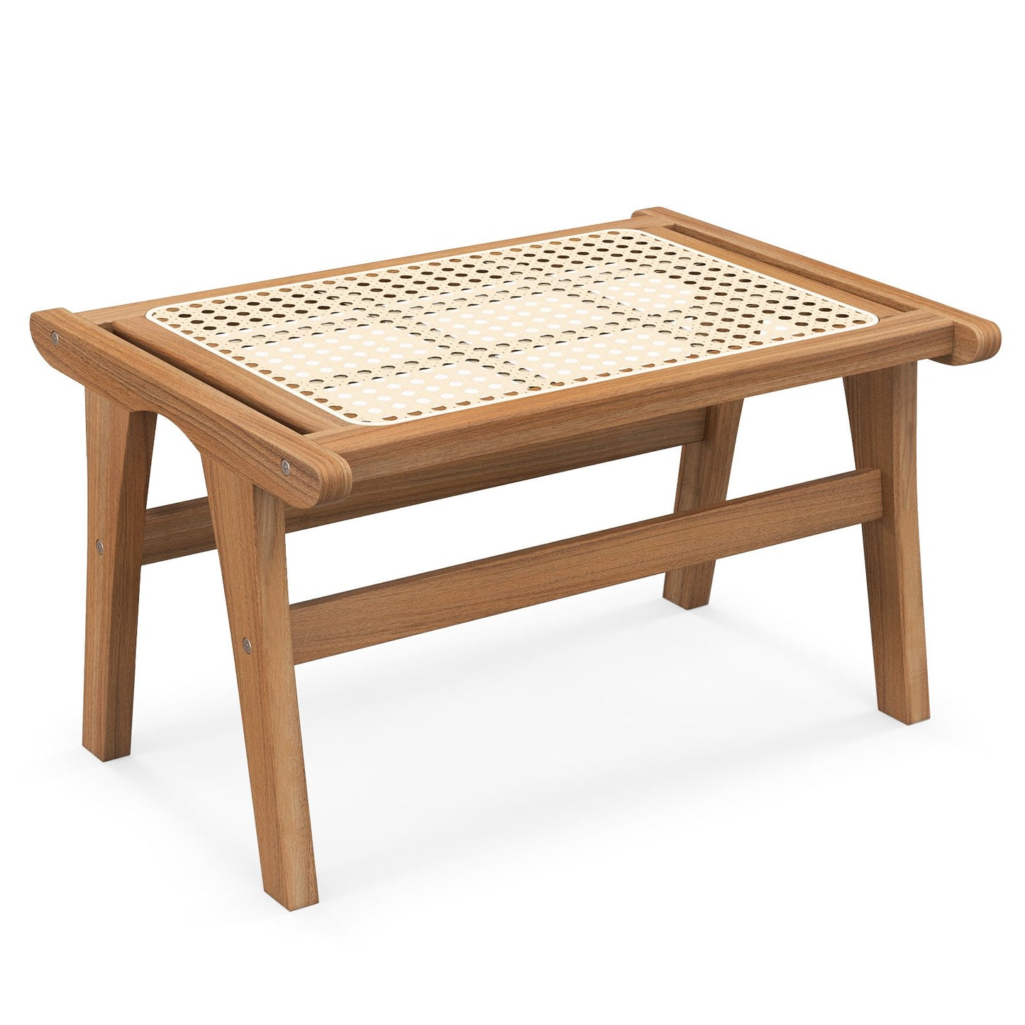 Handwoven Rattan Ottoman Footstool in Natural Teak Wood for Indoor Seating