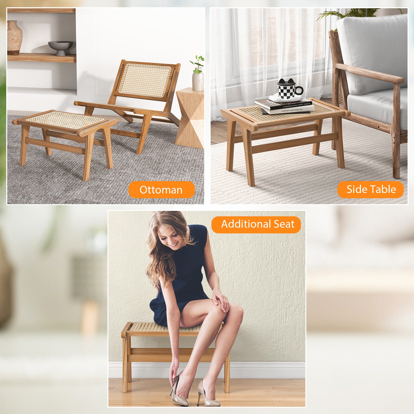Handwoven Rattan Ottoman Footstool in Natural Teak Wood for Indoor Seating