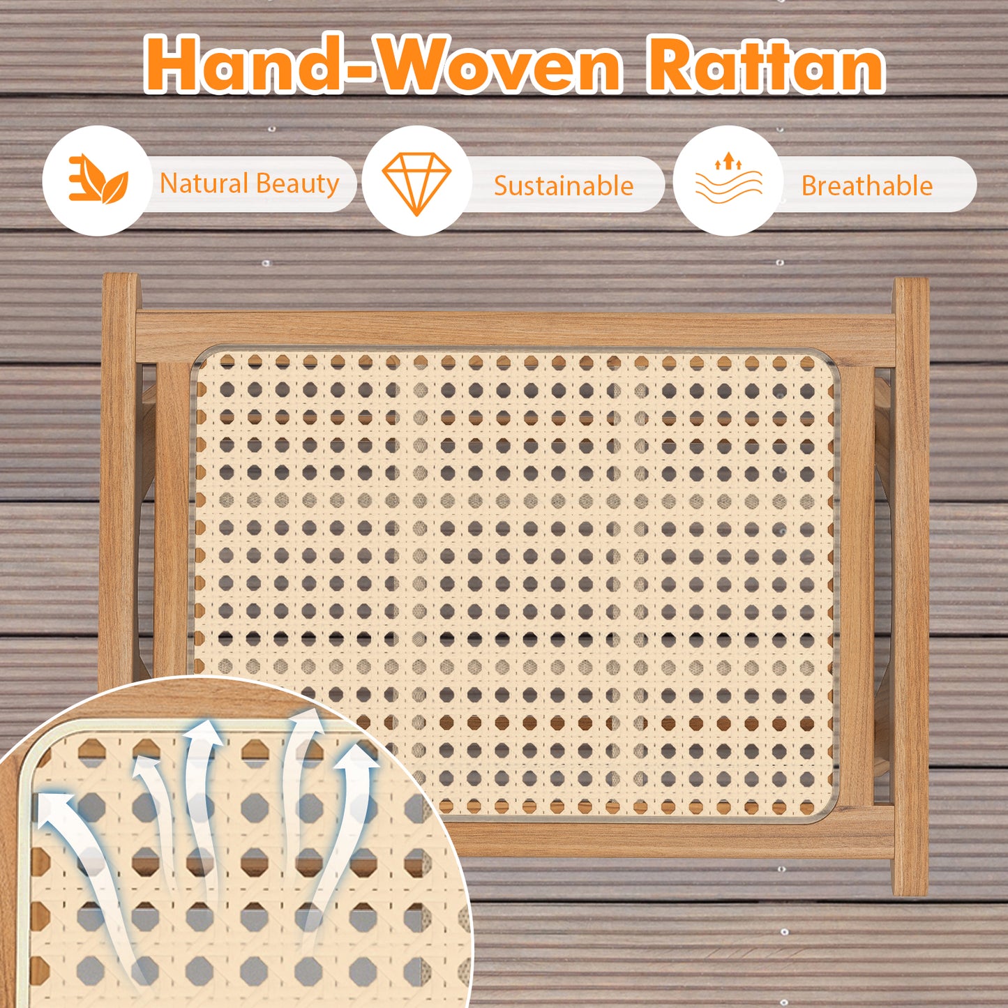 Handwoven Rattan Ottoman Footstool in Natural Teak Wood for Indoor Seating