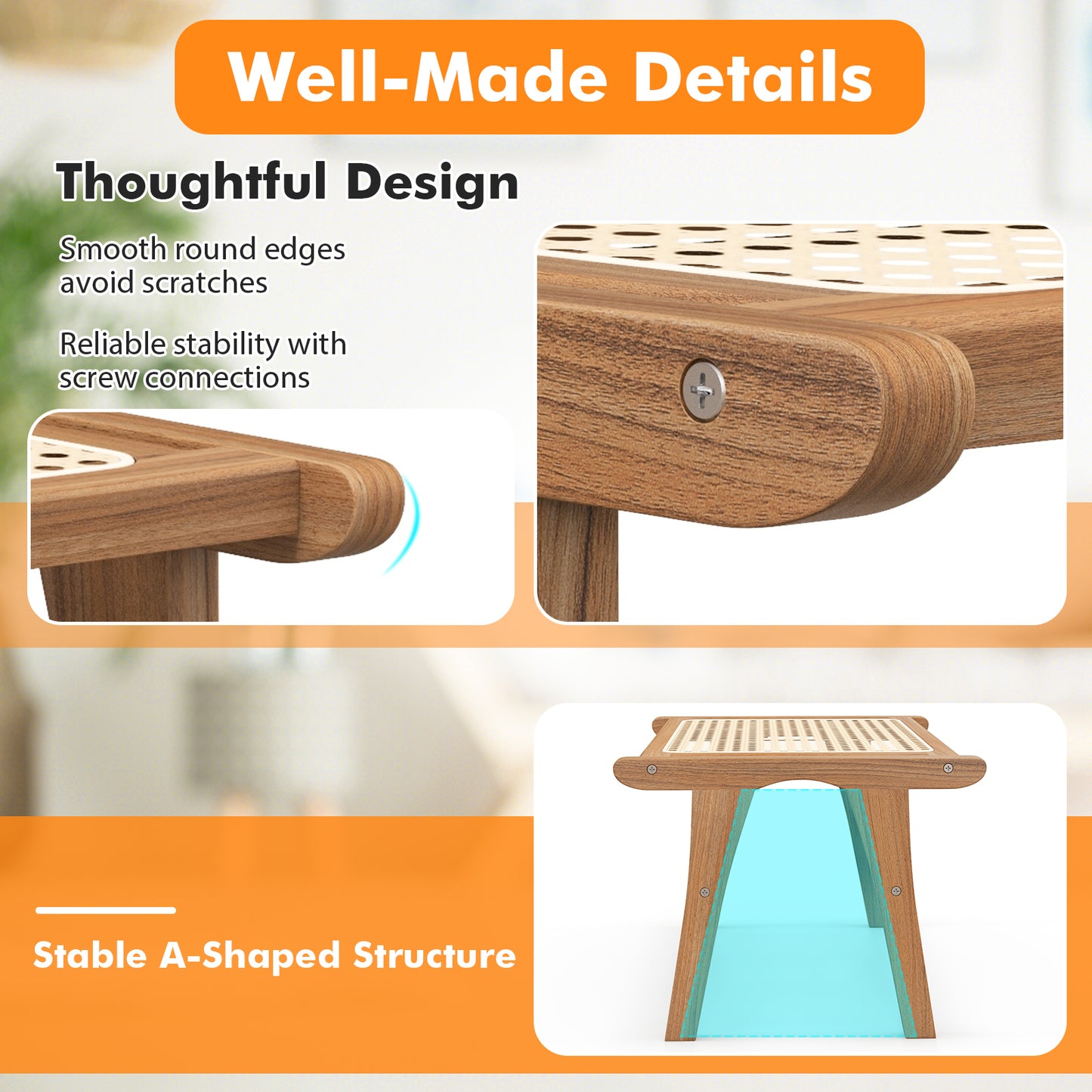 Handwoven Rattan Ottoman Footstool in Natural Teak Wood for Indoor Seating