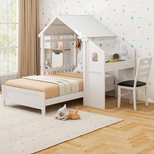 Durable Twin House Bed with 2 Storage Drawers, Windmill Design & Study Chair - White