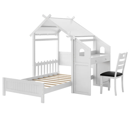 Durable Twin House Bed with 2 Storage Drawers, Windmill Design & Study Chair - White