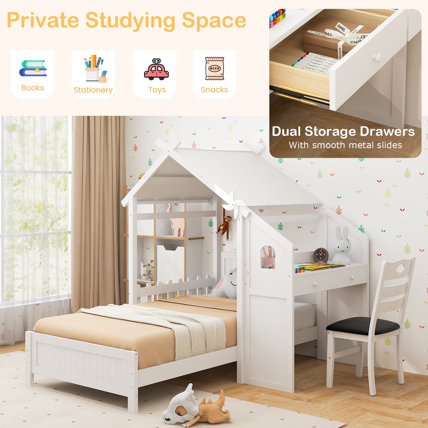 Durable Twin House Bed with 2 Storage Drawers, Windmill Design & Study Chair - White