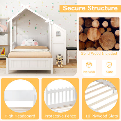 Durable Twin House Bed with 2 Storage Drawers, Windmill Design & Study Chair - White