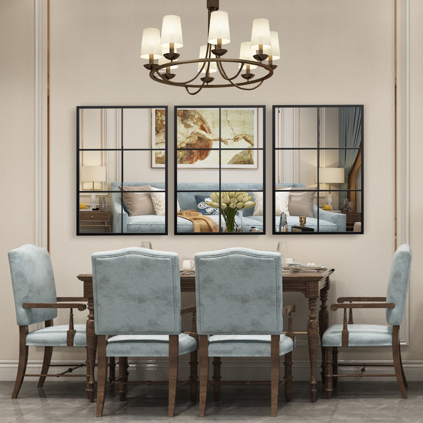 Modern 3 Layered Decorative Wall Mirror with Black Metal Frame for Living Room and Dining Room