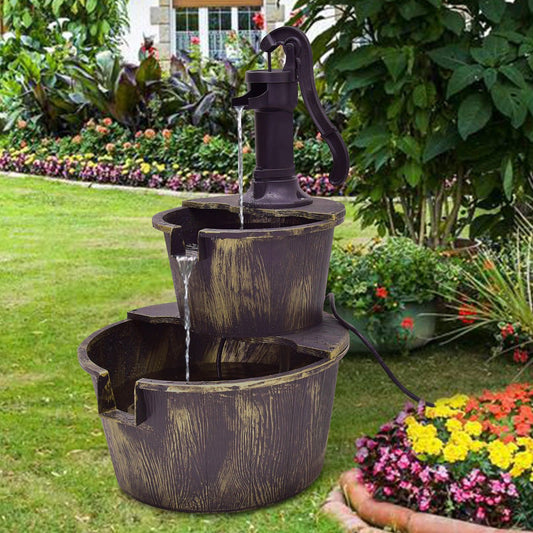 Rustic 2 Tier Barrel Water Fountain with Submersible Pump for Outdoor Decor