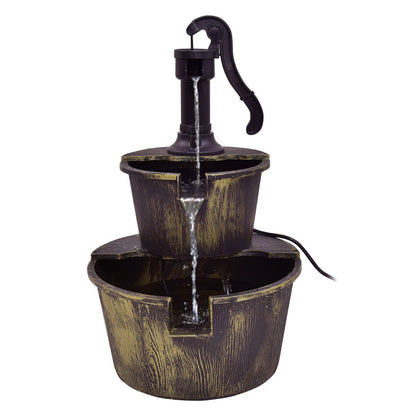 Rustic 2 Tier Barrel Water Fountain with Submersible Pump for Outdoor Decor