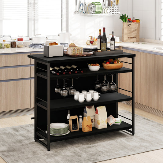 Multi-Level Kitchen Island Table with Wine Rack and Foot Bar - Black