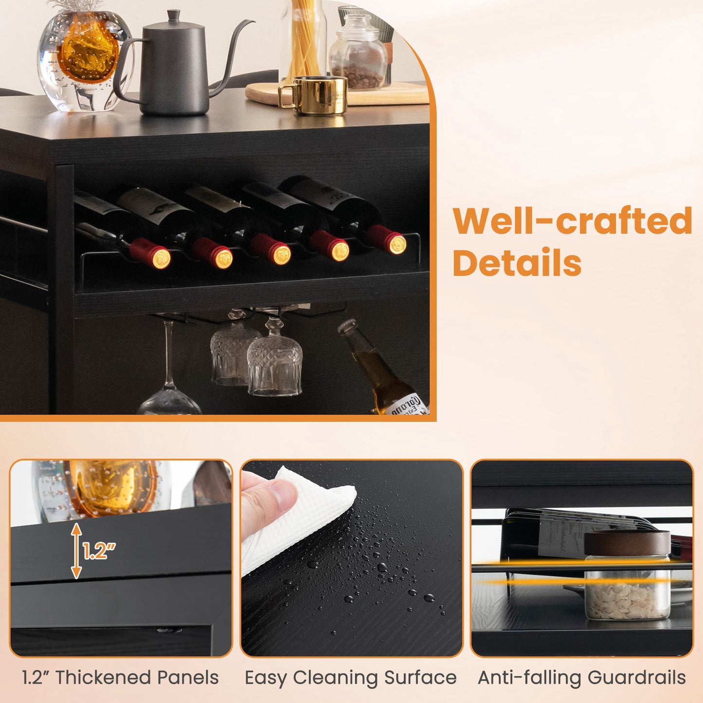 Multi-Level Kitchen Island Table with Wine Rack and Foot Bar - Black