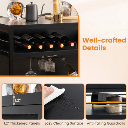 Multi-Level Kitchen Island Table with Wine Rack and Foot Bar - Black