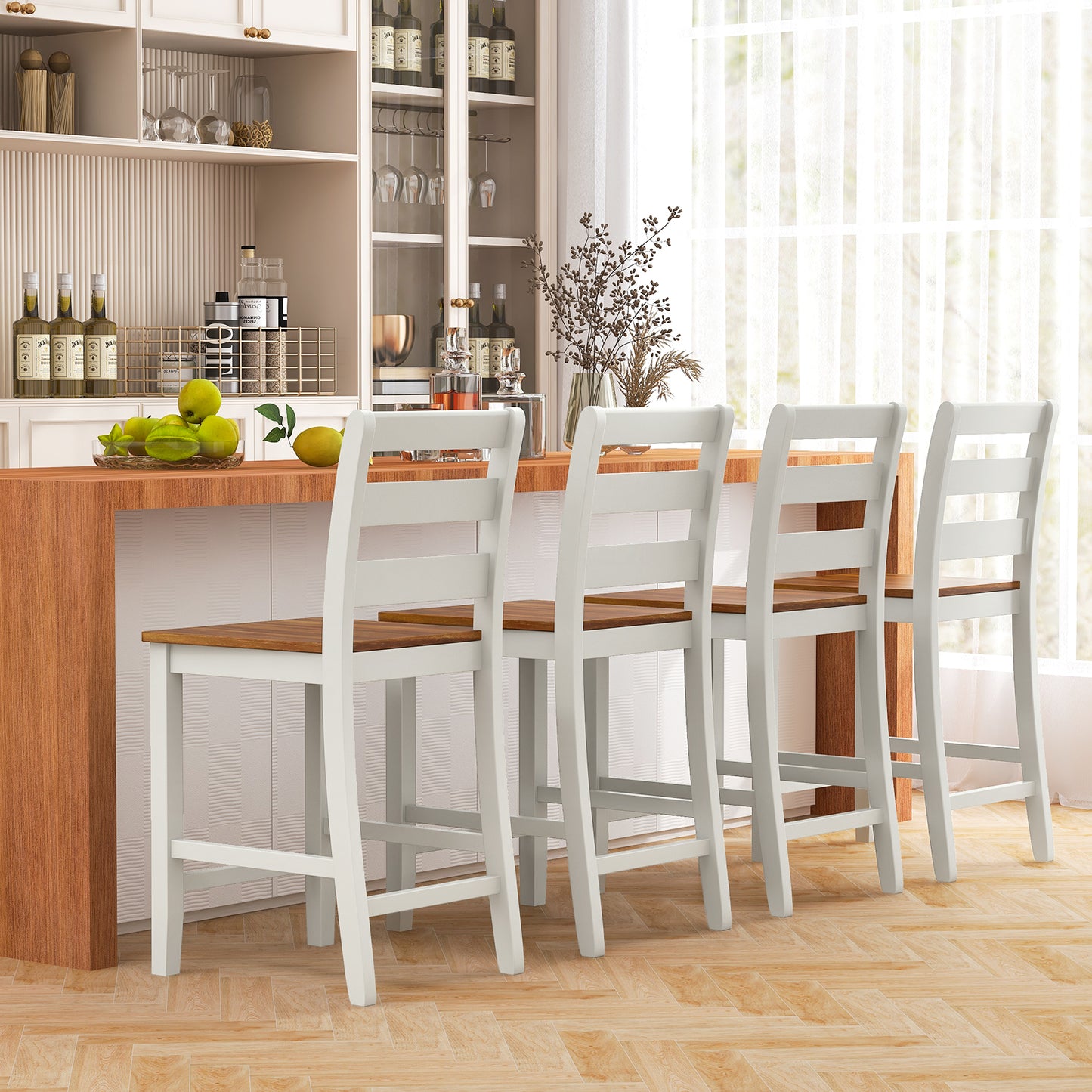 Pair of Counter Height Bar Stools Featuring Supportive Inclined Back and Built-In Footrest