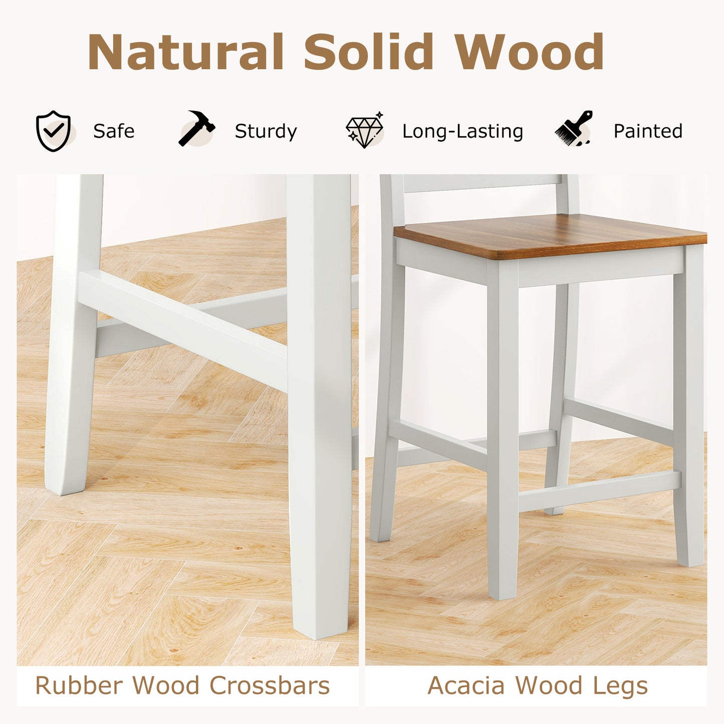 Pair of Counter Height Bar Stools Featuring Supportive Inclined Back and Built-In Footrest