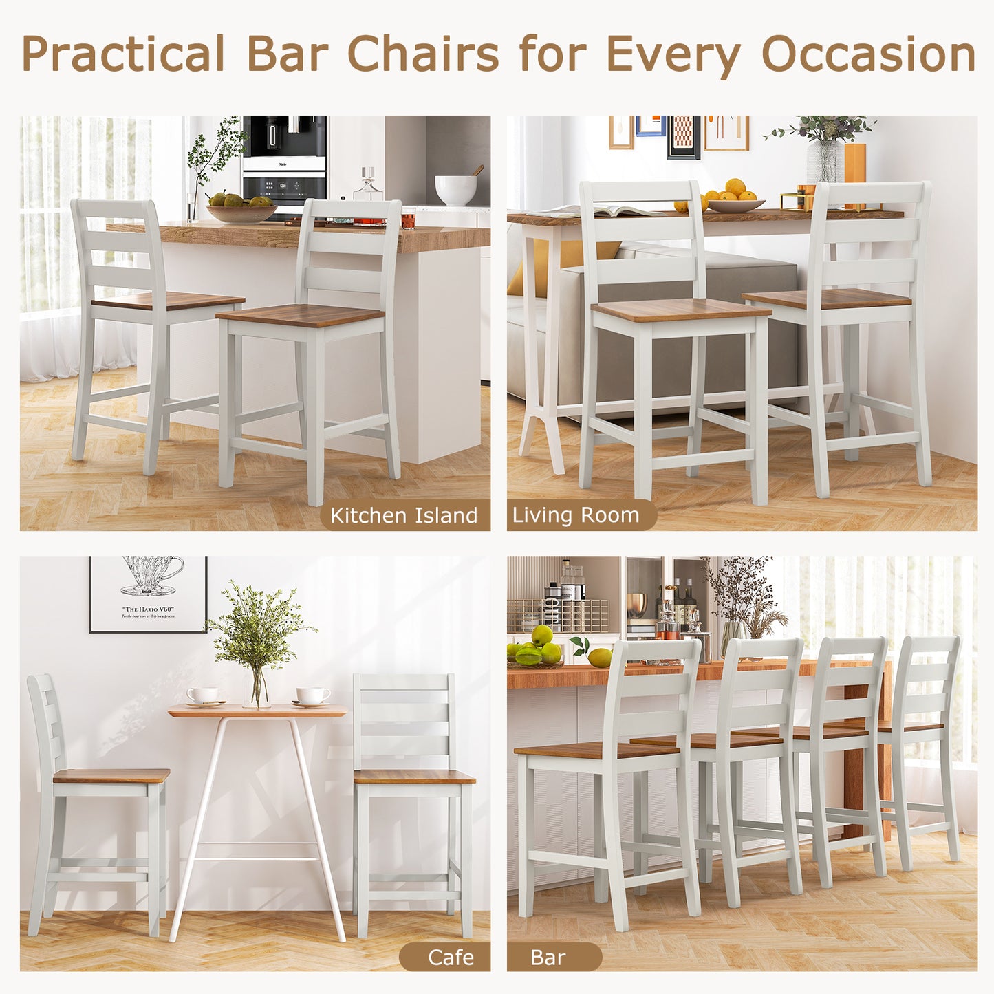 Pair of Counter Height Bar Stools Featuring Supportive Inclined Back and Built-In Footrest