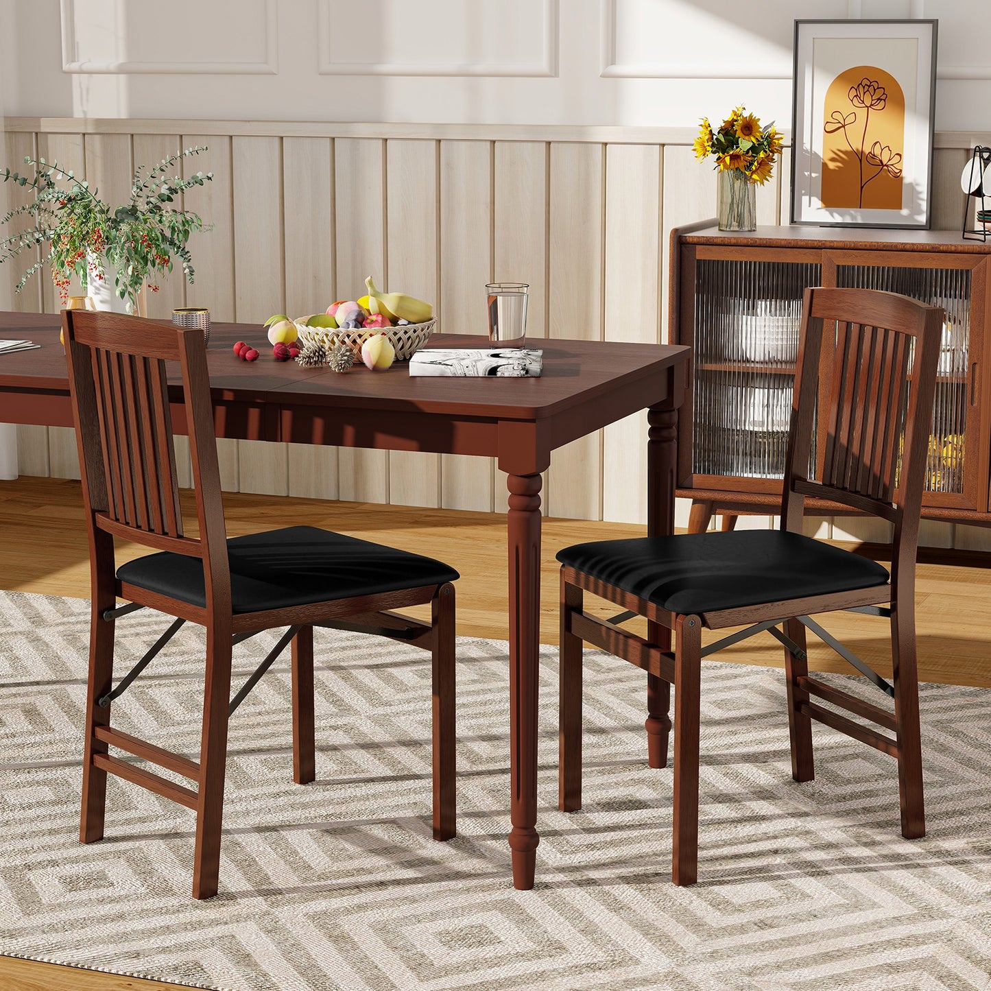 Foldable Dining Chairs with Leather Upholstered Seat and Padded Cushion - Set of 2