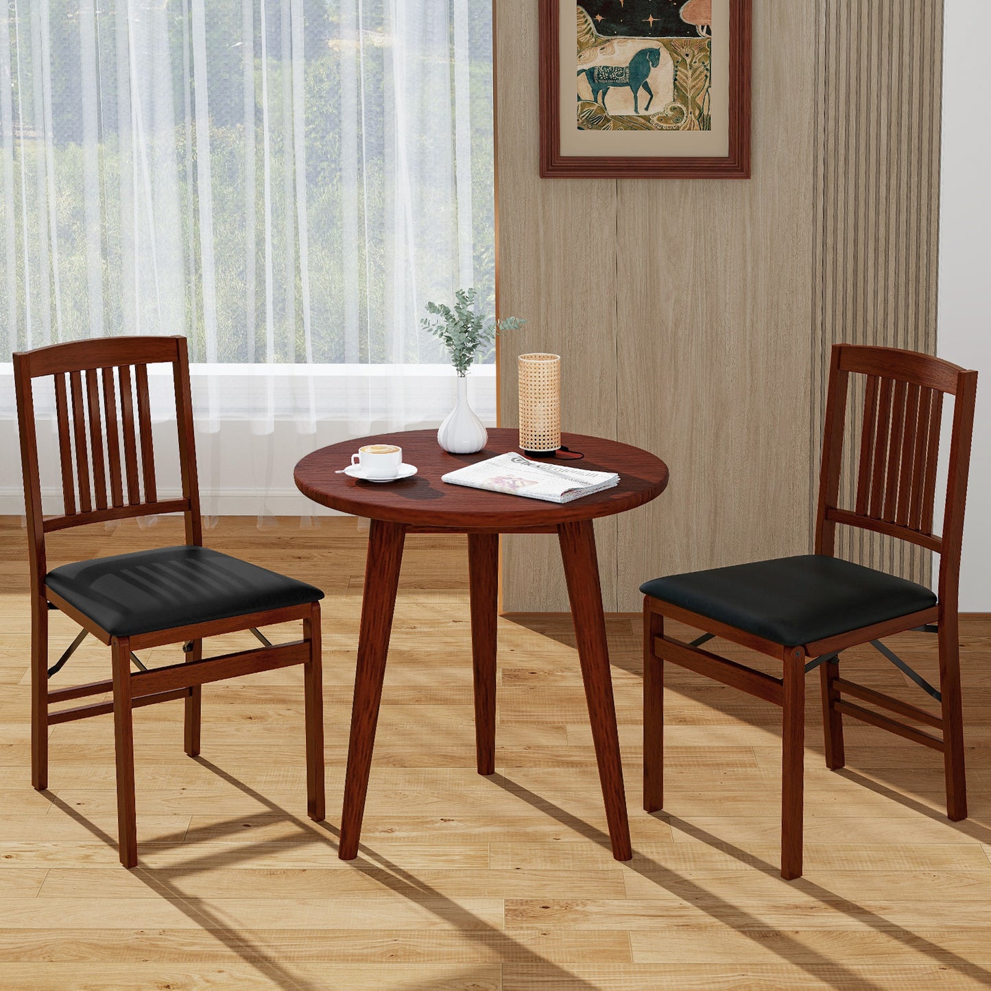 Foldable Dining Chairs with Leather Upholstered Seat and Padded Cushion - Set of 2