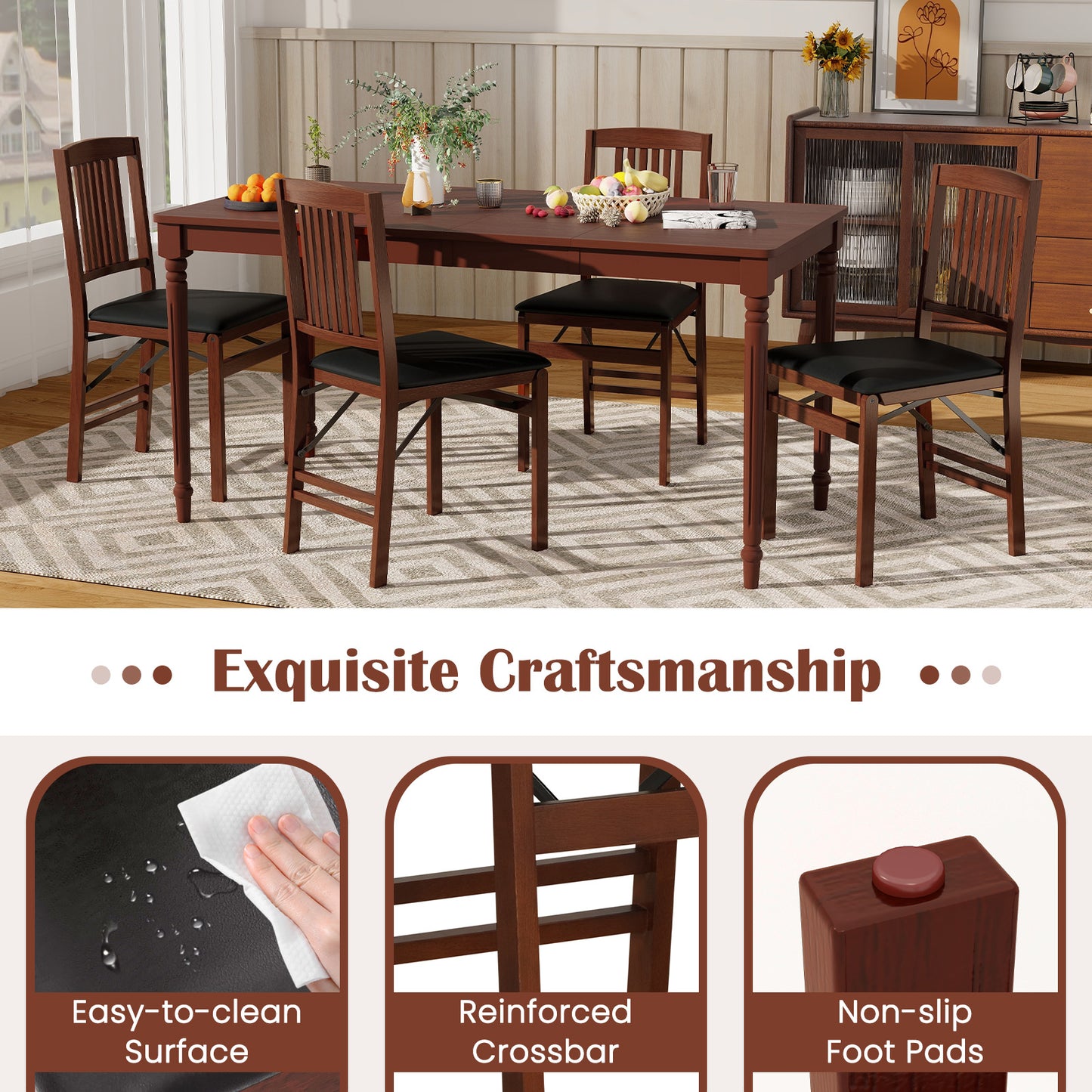 Foldable Dining Chairs with Leather Upholstered Seat and Padded Cushion - Set of 2