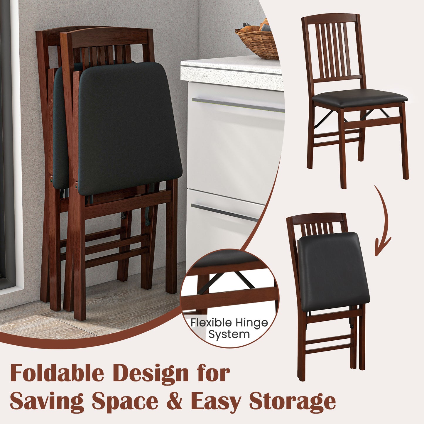 Foldable Dining Chairs with Leather Upholstered Seat and Padded Cushion - Set of 2