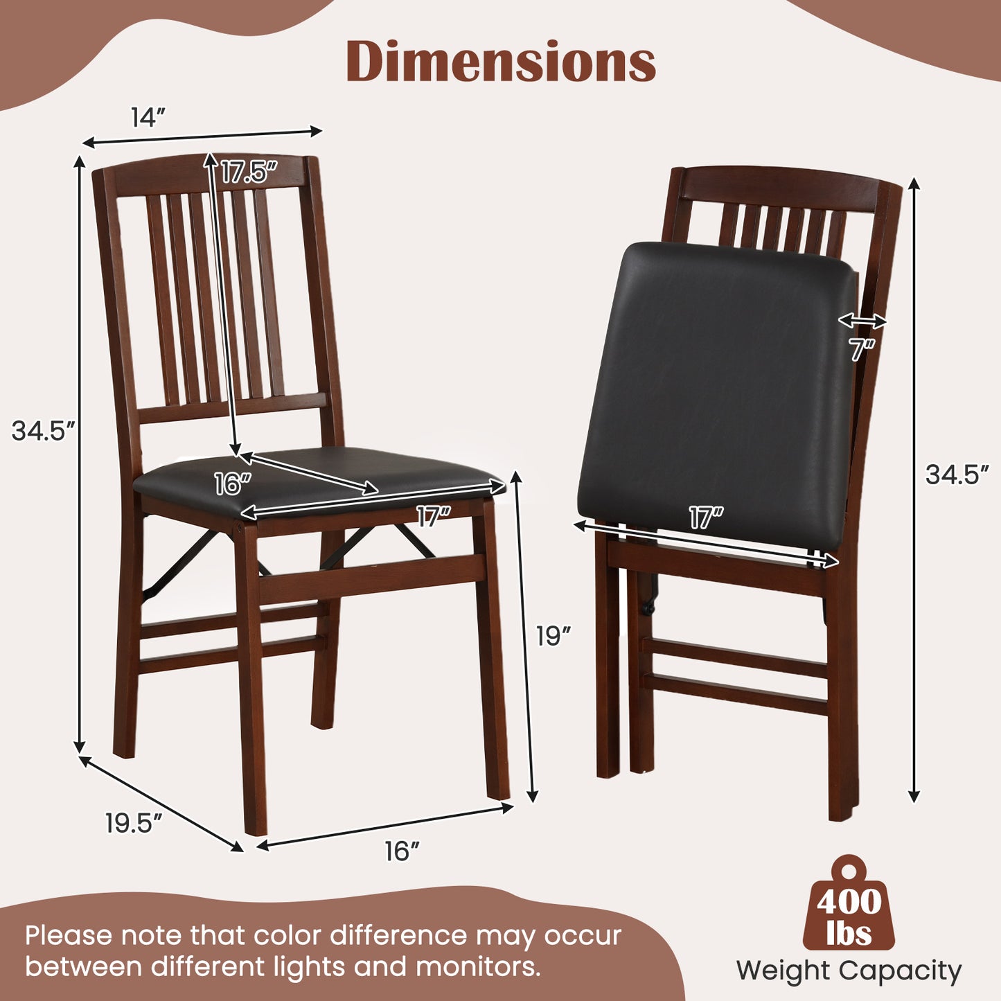 Foldable Dining Chairs with Leather Upholstered Seat and Padded Cushion - Set of 2