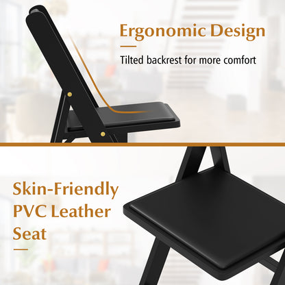 Foldable Dining Chairs with Rubber Wood Legs and Padded Leather Seat - Black, Set of 4
