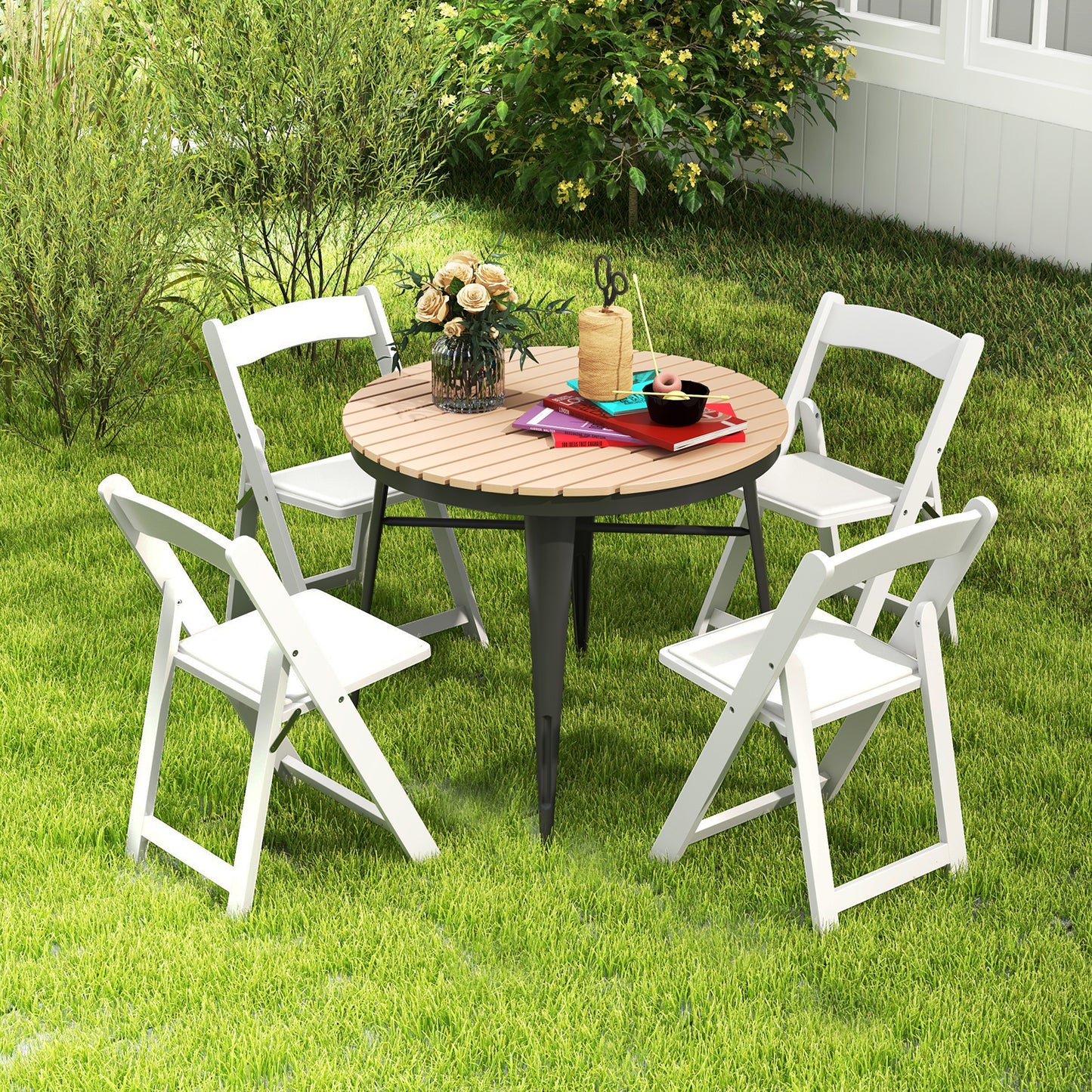 Foldable Dining Chairs with Rubber Wood Legs and Padded Leather Seat - White, Set of 4
