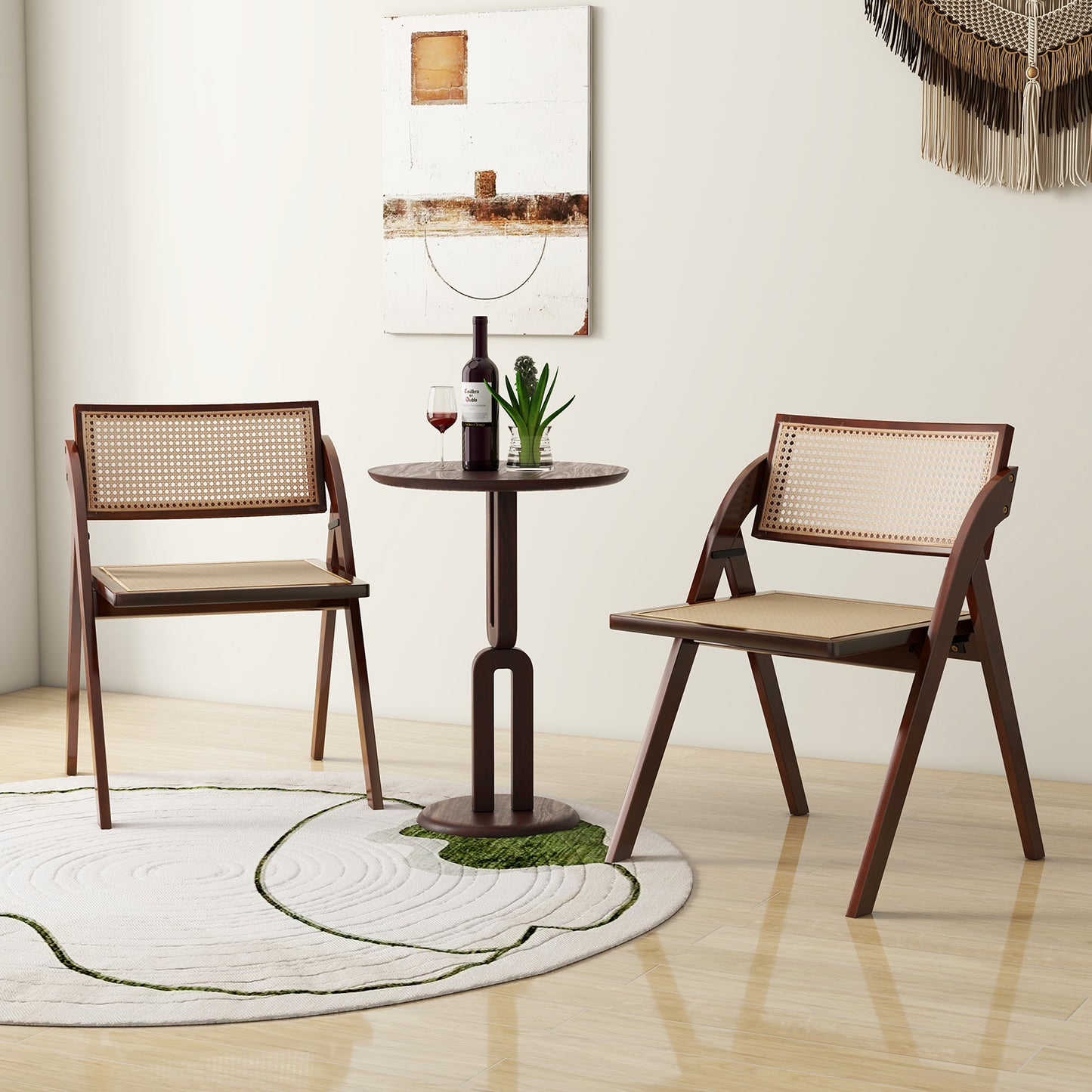 Foldable Dining Chairs with Woven Rattan Backrest and Rubber Wood Frame - Brown, Set of 2