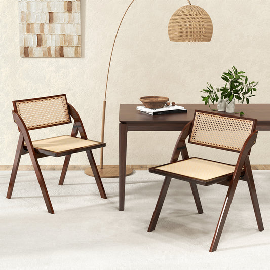 Foldable Dining Chairs with Woven Rattan Backrest and Rubber Wood Frame - Brown, Set of 2