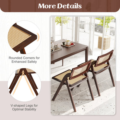 Foldable Dining Chairs with Woven Rattan Backrest and Rubber Wood Frame - Brown, Set of 2