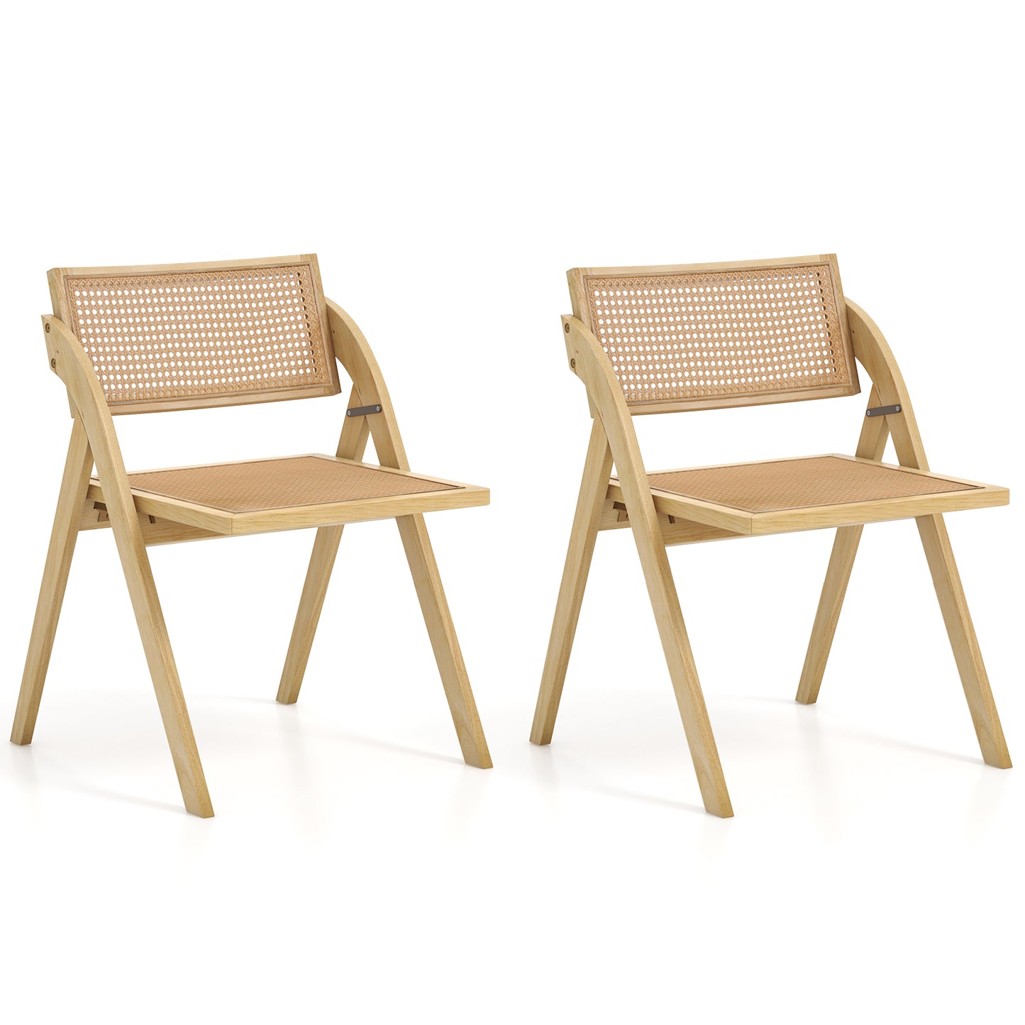 Foldable Dining Chairs with Woven Rattan Backrest and Rubber Wood Frame - Natural, Set of 2
