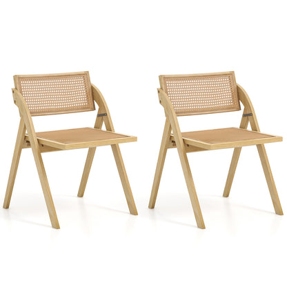Foldable Dining Chairs with Woven Rattan Backrest and Rubber Wood Frame - Natural, Set of 2