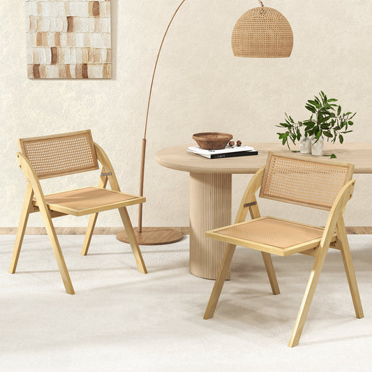 Foldable Dining Chairs with Woven Rattan Backrest and Rubber Wood Frame - Natural, Set of 2