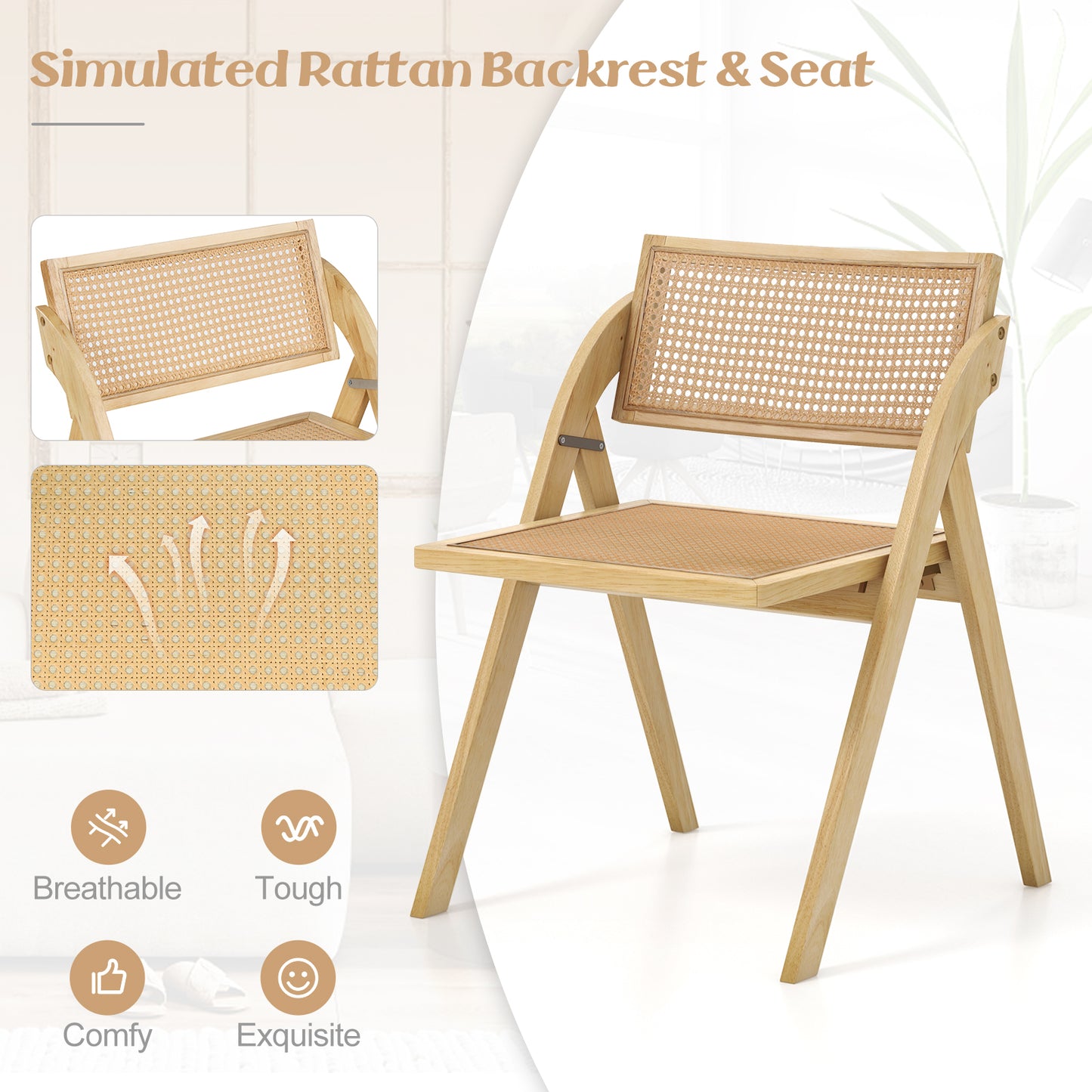 Foldable Dining Chairs with Woven Rattan Backrest and Rubber Wood Frame - Natural, Set of 2