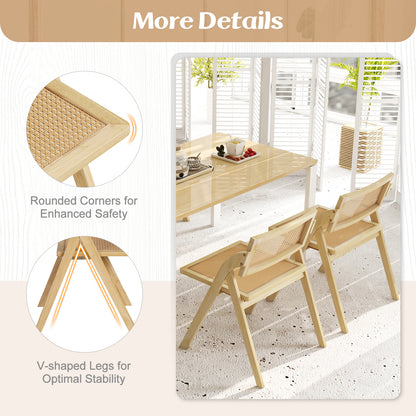Foldable Dining Chairs with Woven Rattan Backrest and Rubber Wood Frame - Natural, Set of 2