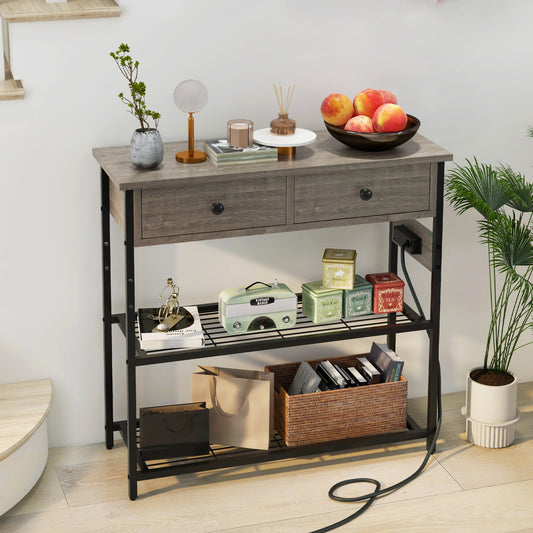 Slim Console Table with Drawers, Mesh Storage Shelves, and Built-in Charging Ports – Grey
