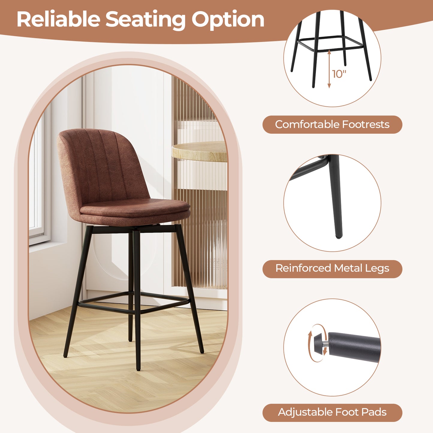 27" Swivel Bar Stools with Luxurious PU Leather Padded Seat and Counter Height Design, Set of 2