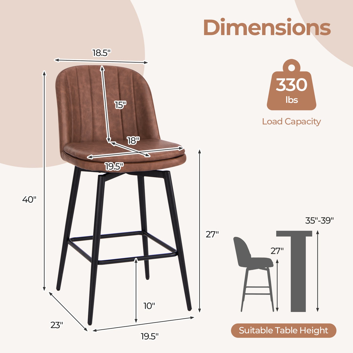 27" Swivel Bar Stools with Luxurious PU Leather Padded Seat and Counter Height Design, Set of 2