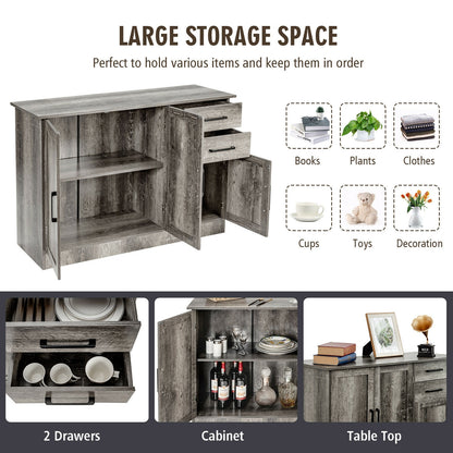 Modern Buffet Sideboard Cabinet with 2 Drawers and Adjustable Storage for Kitchen or Dining Room - Grey